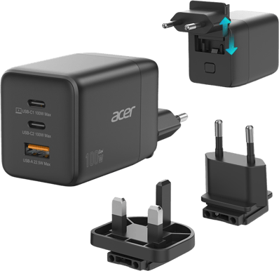 Acer GaN-laddare 100W Svart ink kabel och reseplug