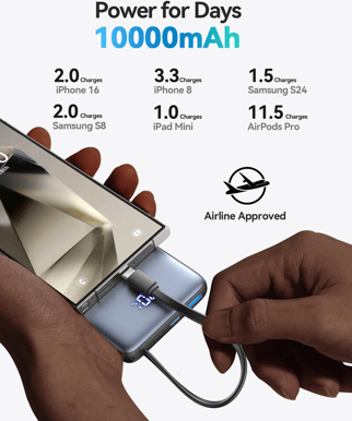 INIU Powerbank 10000 mAh Pocket Power 20W med inbyggd USB-C kabel