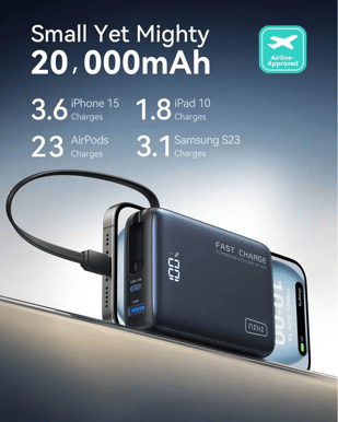 INIU Powerbank 20000 mAh Pocket Power 20W med inbyggd USB-C kabel