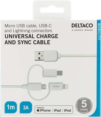 DELTACO 3-i-1 USB-C/Lightning/Micro-USB-kabel Vit 1 m