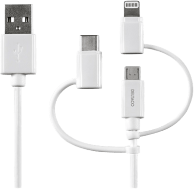 DELTACO 3-i-1 USB-C/Lightning/Micro-USB-kabel Vit 1 m