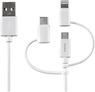 DELTACO 3-i-1 USB-C/Lightning/Micro-USB-kabel Vit 2 m