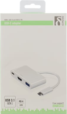 DELTACO USB 3.1 Adapter C ha till HDMI/USB A/USB C Vit