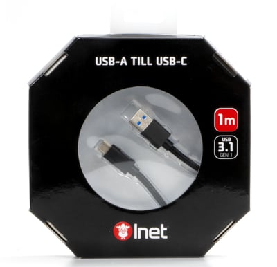 Inet USB 3.1 kabel C-A ha SvartTygsladd 1m