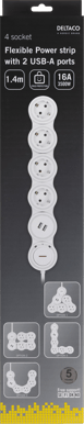 DELTACO Grenuttag Flexibelt 4x CEE 2x USB-A Vit 1.4 m