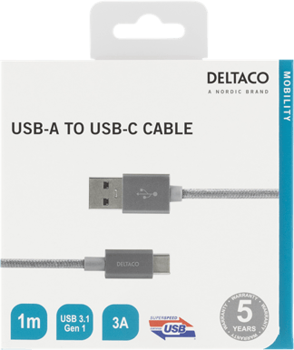 DELTACO USB 3.1 Gen 1 USB-A till USB-C 1m Grå