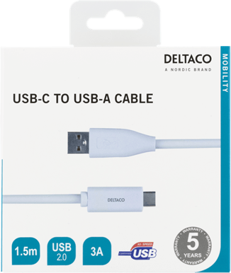 DELTACO USB 2.0-kabel C-A Vit 1,5 m