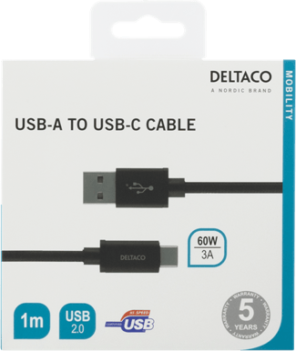 DELTACO USB 2.0-kabel C-A Flätad Svart 1 m