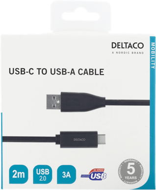 DELTACO USB 2.0-kabel C-A Svart 2 m