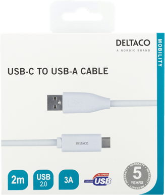 DELTACO USB 2.0-kabel C-A Vit 2 m
