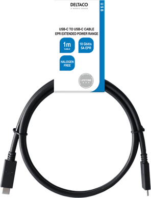 DELTACO USB-C till USB-C-kabel, 1m, 10Gbps, 100W 5A, Svart