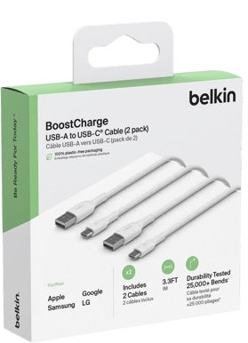 Belkin Laddningskabel USB-A till C 1m, Vit 2-pack