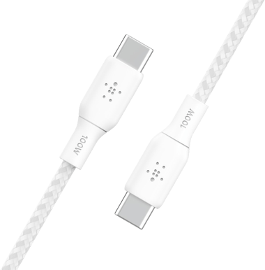 Belkin Nylonflätad Snabbladdningskabel USB-C till C, 100W 2m Vit