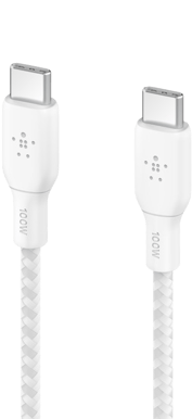 Belkin Nylonflätad Snabbladdningskabel USB-C till C, 100W 3m Vit