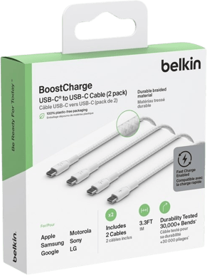 Belkin PVC USB-C till C, 1m, Vit 2 pack
