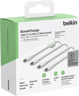 Belkin PVC USB-C till C, 2m, Vit 2 pack