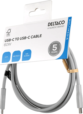 DELTACO USB-C till USB-C 60W 1.5 m Grå