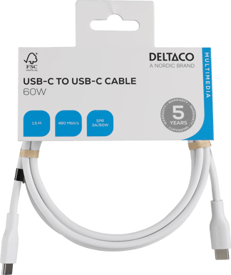 DELTACO USB-C till USB-C 60W 1.5 m Vit