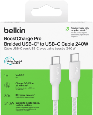 Belkin Nylonflätad Snabbladdningskabel USB-C till C, 240W 1M Vit