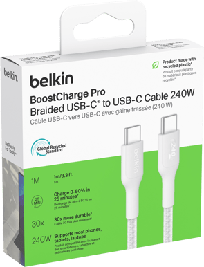 Belkin Nylonflätad Snabbladdningskabel USB-C till C, 240W 2M Vit