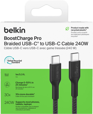 Belkin Nylonflätad Snabbladdningskabel USB-C till C, 240W 3M Svart