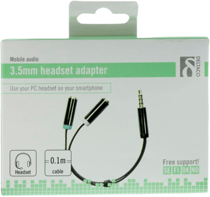 DELTACO Adapter 2x3.5mm ho till 3.5mm ha 4-pin 0.1m Svart