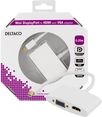 DELTACO Adapter mini Displayport ha till HDMI ho & VGA ho Vit