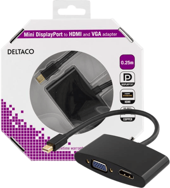 DELTACO Adapter mini Displayport ha till HDMI ho & VGA ho Svart