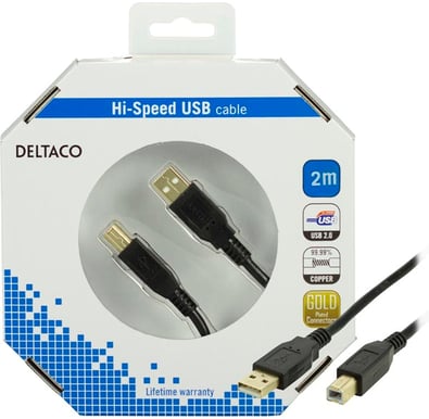 DELTACO USB 2.0 kabel A-B Svart 2m