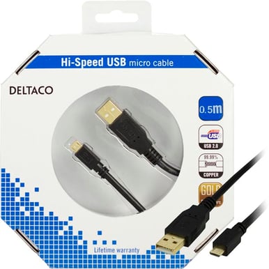 DELTACO USB 2.0-kabel A-Micro B Svart 0.5m