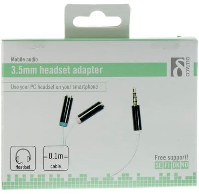 DELTACO Adapter 2x3.5mm ho till 3.5mm ha 4-pin 0.1m Vit