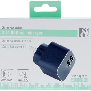 Deltaco Väggladdare 2xUSB 5V 3.1A