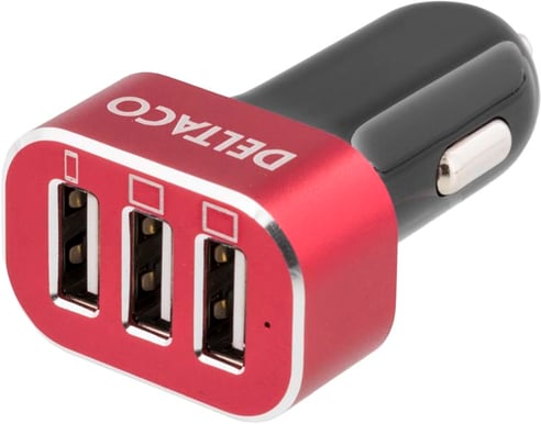 DELTACO Billaddare med 3st USB kontakter Svart/Röd