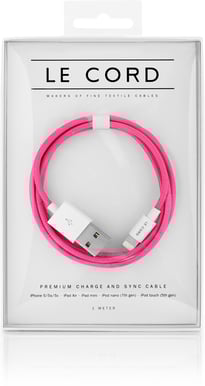 Le Cord Lightningkabel Solid Pink (MFI) Tygsladd 1m