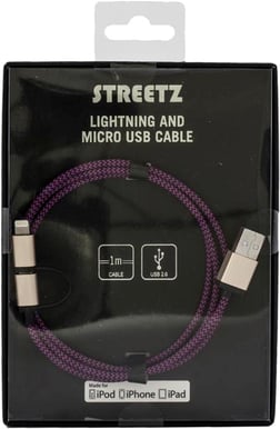 Lightning/microUSB-kabel (MFI) Lila Tygsladd 1m