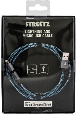 Lightning/microUSB-kabel (MFI) Blå Tygsladd 1m