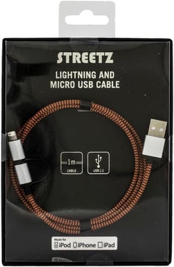 Lightning/microUSB-kabel (MFI) Orange Tygsladd 1m