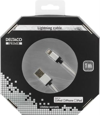 DELTACO Lightningkabel (MFi) Tygsladd Silver 1m
