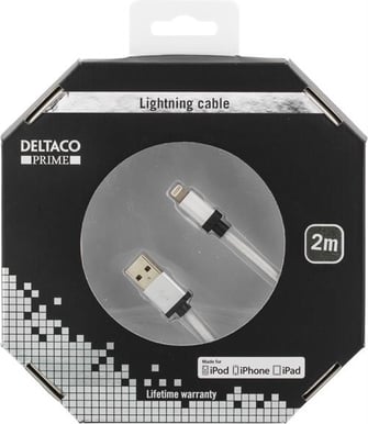 DELTACO Lightningkabel (MFi) Tygsladd Silver 2m