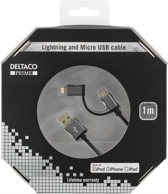 Lightning/microUSB-kabel (MFI) Svart Tygsladd 1m