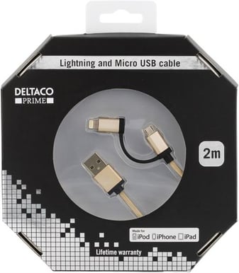 Lightning/microUSB-kabel (MFI) Guld Tygsladd 2m