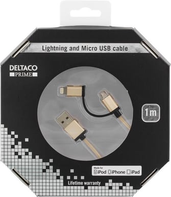 Lightning/microUSB-kabel (MFI) Guld Tygsladd 1m
