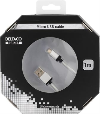 DELTACO Micro-USB-kabel Silver Tygsladd 1m