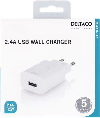 DELTACO Väggladdare USB 2.4A 1 port Vit