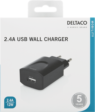 DELTACO Väggladdare USB 2.4A 1 port Svart