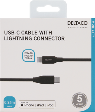 DELTACO USB-C till Lightning Svart 0,25 m