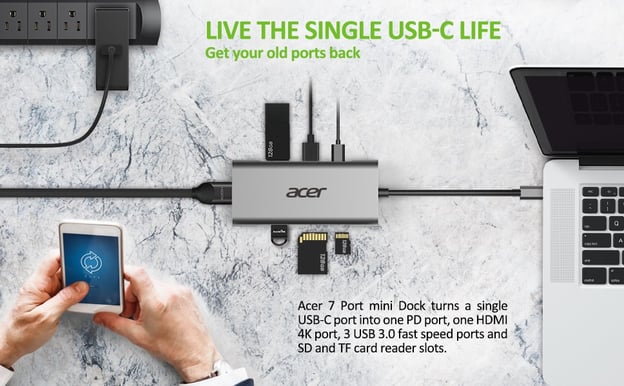 Acer USB-C Dockningsstation 60 W PD 7 portar Silver