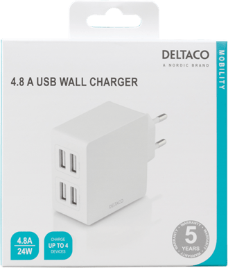 DELTACO Väggladdare 4x USB-A 4.8 A Vit