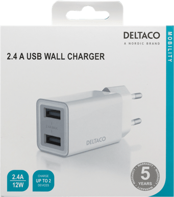 DELTACO Väggladdare 2x USB-A 12 W 2.4 A Vit