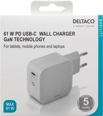 DELTACO Väggladdare GaN 1x USB-C 61 W PD Vit